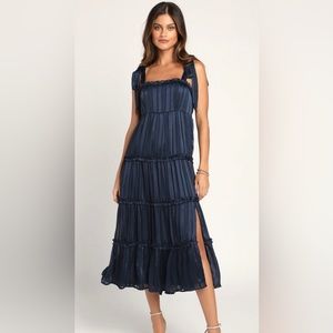 Lulus Day for Romance Navy Blue Tie-Strap Tiered Midi Dress